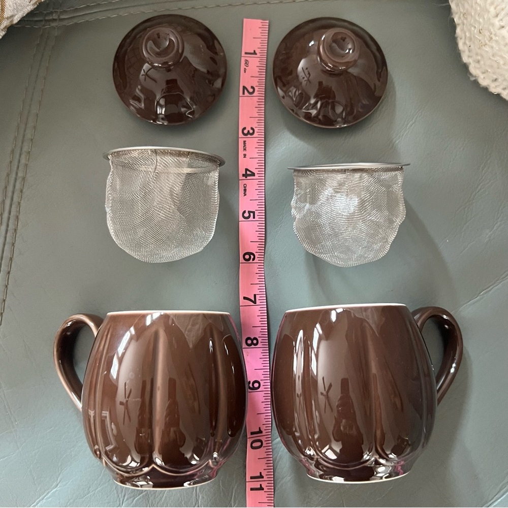 Vintage TEAVANA Brown MCM PORCELAIN 6pc TEA Coffee 8oz CUP MUG SET w/ Infusers - Picture 14 of 16